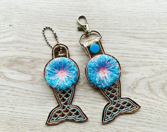 Mermaid Key Fob Snap Tab and Eyelet Design In the Hoop Machine Embroidery designs ITH Project Ocean Themed Keychain Tag Summer vibes fringed