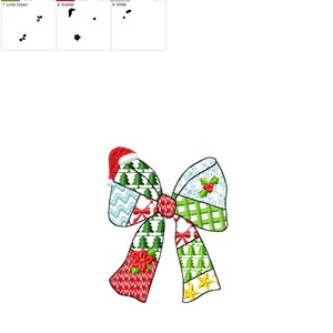 K&ouml;nnte beinhalten: Ein farbenfrohes Weihnachts-Schleifendesign mit einem Patchwork-Muster. Der Bogen zeigt verschiedene festliche Elemente, darunter Weihnachtsb&auml;ume, Stechpalmen und Sterne. Der Bogen ist ca. 76 mm breit.