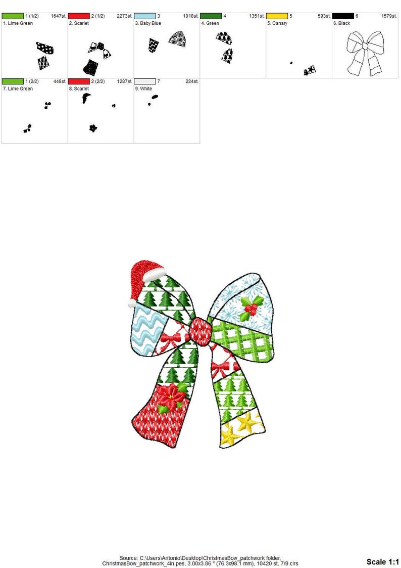 K&ouml;nnte beinhalten: Ein farbenfrohes Weihnachts-Schleifendesign mit einem Patchwork-Muster. Der Bogen zeigt verschiedene festliche Elemente, darunter Weihnachtsb&auml;ume, Stechpalmen und Sterne. Der Bogen ist ca. 76 mm breit.