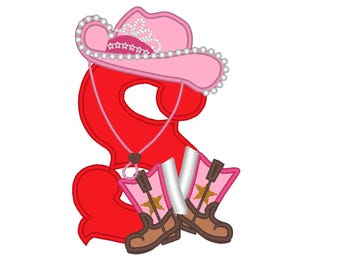 Lady Cowboy Birthday letter S - one custom letter machine embroidery applique designs hoop 5x7 farm girl baby cowgirl second birthday party