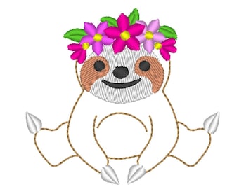 MINI Sloth light stitch outline feltie small vinyl sloth with floral crown machine embroidery design embroidery designs  2, 2.5 and 3 inches