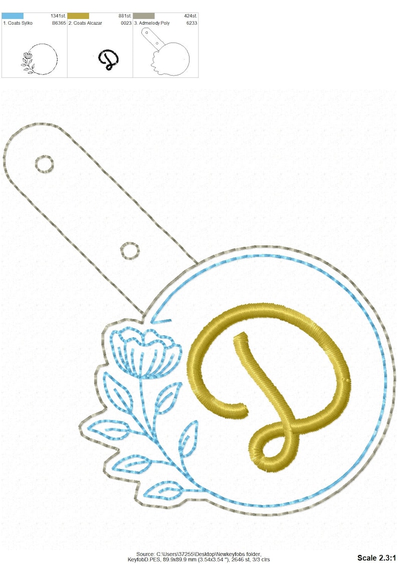 May include: A gold embroidered letter D with a blue floral design. The letter is surrounded by a blue circle and a gray circle.