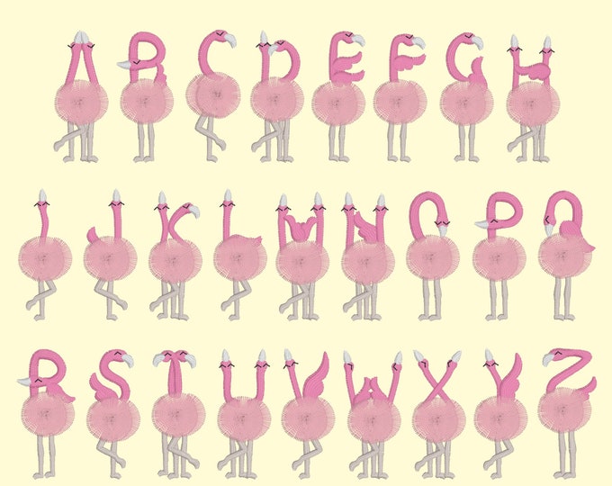 Small Font Entire alphabet Fringed fluffy chenille flamingos machine embroidery designs tiny wee flamingo fringe fur flamingo bird letters