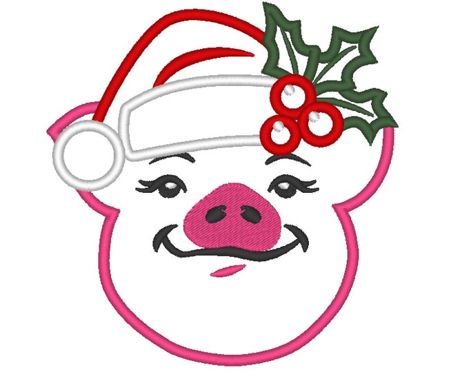 Pig face, Pig head Christmas Santa hat Holly flower, little cute pig applique farm theme machine embroidery applique designs assorted sizes