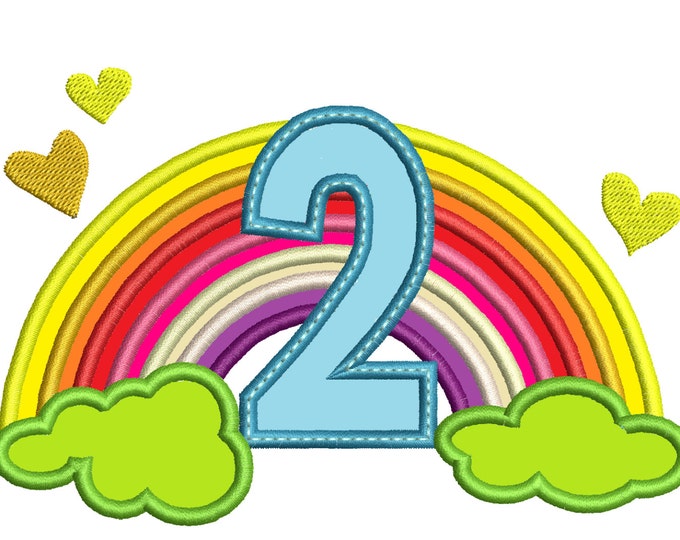 Cute Rainbow Birthday Number 2 TWO only machine embroidery applique designs, sizes 5, 6and 7 inches INSTANT DOWNLOAD