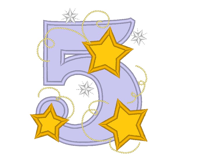 FIVE Stars Applique embroidery Design, Five birthday embroidery design,  5th birthday applique design - two years old - 4x4,5x7