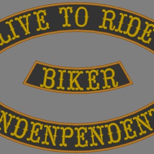 Peut inclure: Trois patchs de moto noirs et dorés. Le patch du haut indique "Live to Ride". Le patch du milieu indique "Biker". Le patch du bas indique "Independent".