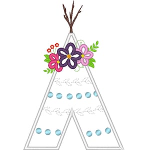 May include: A white teepee with a blue and white patterned design. The teepee is decorated with a floral arrangement of pink, purple, and red flowers.
