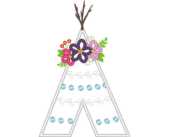 Wild Tepee Teepee Tipi with floral flower crown machine embroidery applique  designs - assorted sizes, for hoops 4x4, 5x7, 6x10