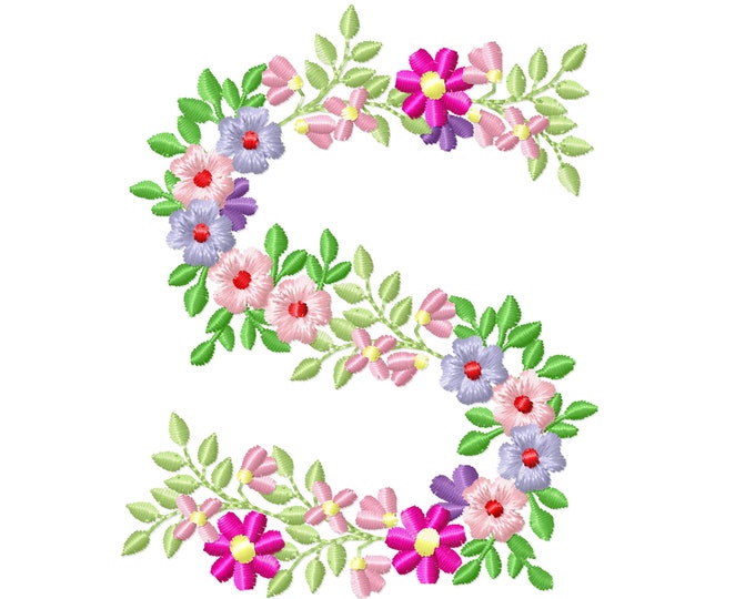 Country Floral letter S garden flag monogram flowers flower flowered Font machine embroidery designs monogram S only 3,5, 4, 5, 6, 7, 8 in