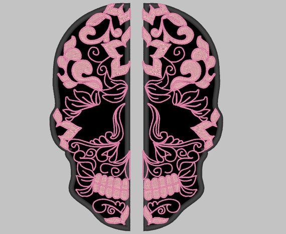 Skull lace applique split hoodie embroidery, sugar skull, Halloween Calavera girly Machine embroidery applique designs 5, 6, 7, 8 inches