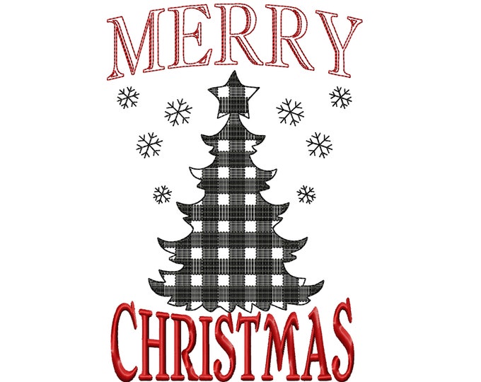 Merry Christmas gingham old fashioned classic banner decoration machine embroidery designs 4x4, 5x7, 8x8, 8x12 Christmas tree saying quote