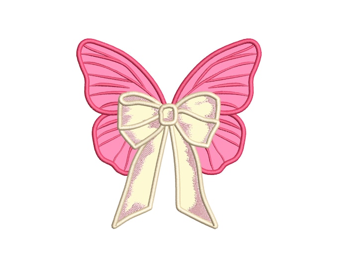Butterfly Wings side Bow double 2 layers Applique machine embroidery designs shadowed ribbon Girly Bow  from 4 to 8 inch sweatshirt seam