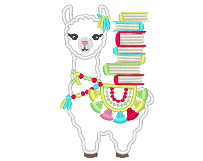 Llama with books Fringed tassel alpaca applique Lama boho reading llama ITH in the hoop machine embroidery design applique 5, 6, 7 inches