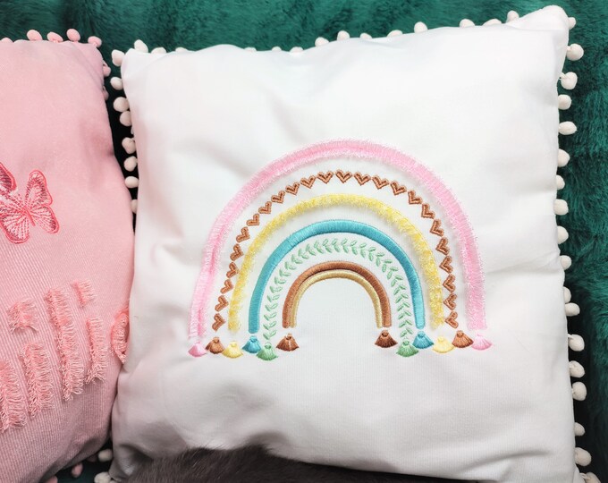 Boho rainbow arc of color fringed arcs and tassels machine embroidery design in assorted sizes, girly pretty rainbow heart leaf and tassels