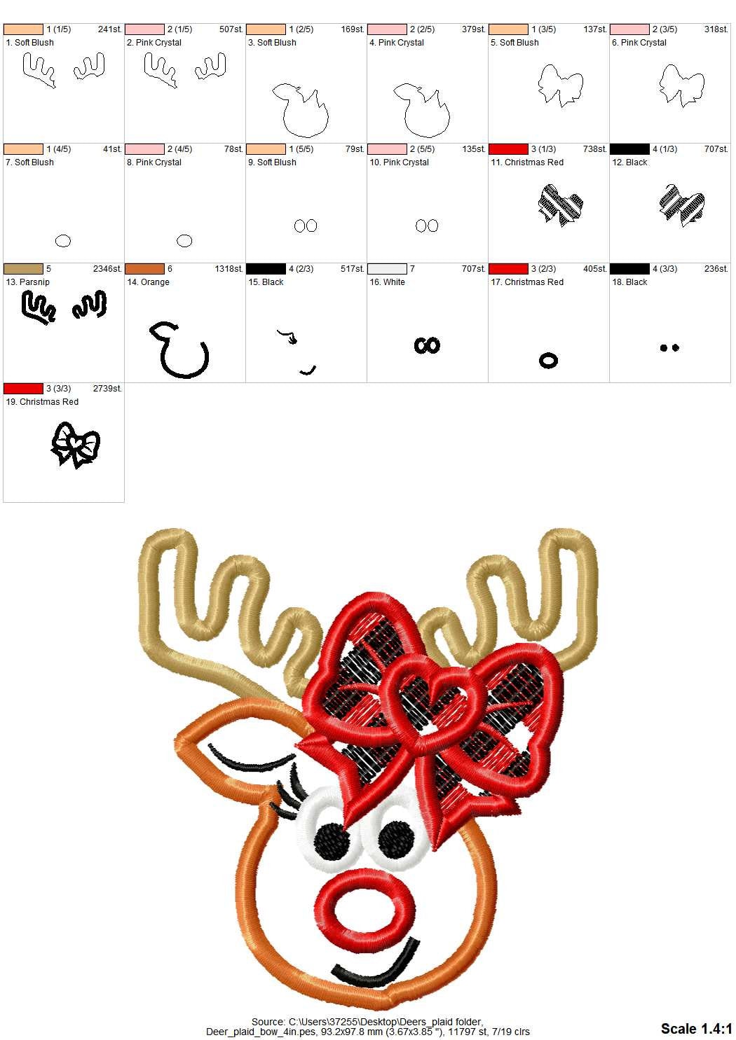 Reindeer applique merry christmas embroidery design gingham plaid bow