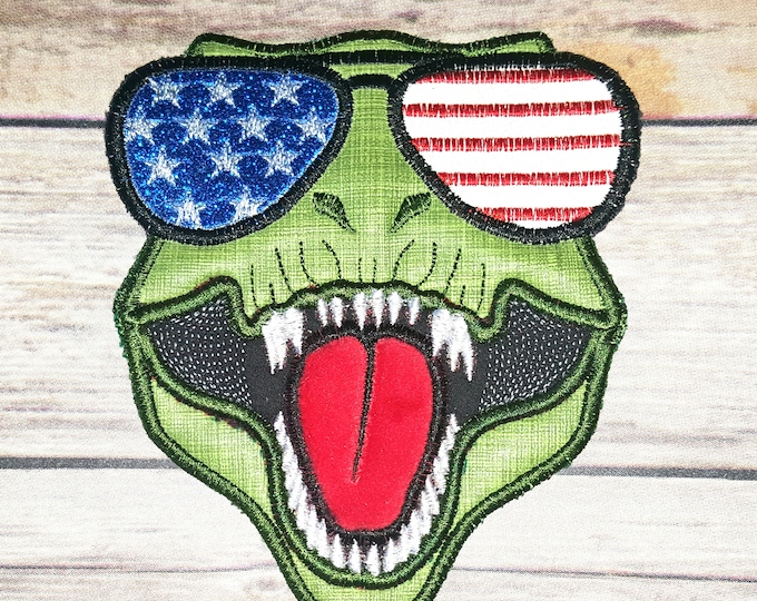 T-rex Dinosaur Face aviator glasses 4th of July patriotic  machine embroidery applique designs, machine embroidery design