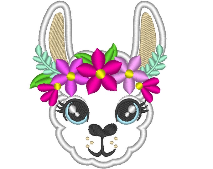 MINI Llama applique Llama face with floral crown 3 roses llama  flowers crown rainbow machine embroidery designs