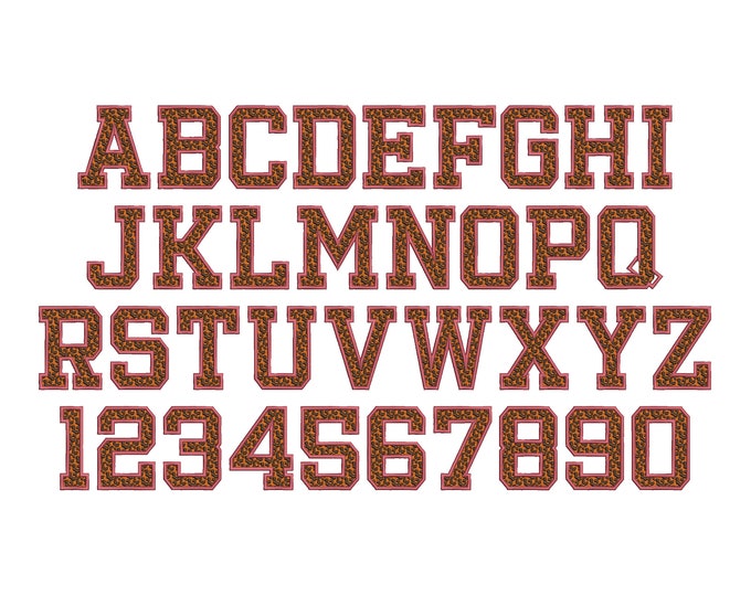 Leopard Spots fill stitch and outline Varsity block FONT wild cat cheetah print pattern monogram machine embroidery designs alphabet BX incl