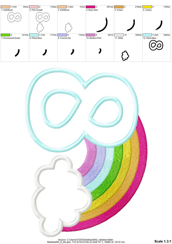 Rainbow in Cloud Birthday Number 8 EIGHT Machine Embroidery Rainbow in Cloud Birthday Number 8 EIGHT Machine Embroidery