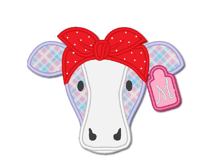 Cow with bow, bandanna, girl cow, face, cow head, Applique Design, Machine Embroidery Design, Summer, Farm Animal, cute farm embroidery
