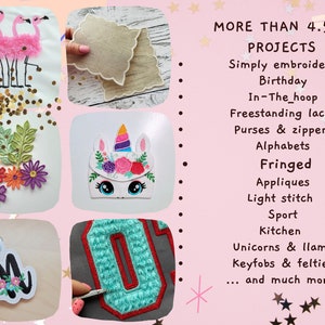 Puede incluir: Un collage de dise&ntilde;os de bordado, que incluye flamencos, un unicornio, una letra M y una letra O grande. El texto "M&Aacute;S DE 4.500 PROYECTOS" est&aacute; en la parte superior de la imagen. El texto de abajo enumera varias categor&iacute;as de bordado, como "Bordado simple", "Cumplea&ntilde;os", "En el aro", "Encajes independientes", "Bolsos y cremalleras", "Alfabetos", "Flecos", "Apliques", "Puntada ligera", "Deporte", "Cocina", "Unicornios y llamas", "Llaveros y felpas", y "...y mucho m&aacute;s".