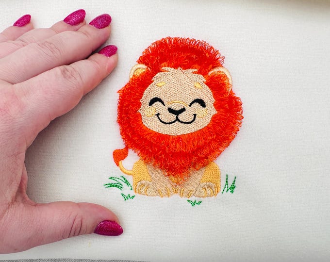 Fringed Fluffy Baby Lion Nursery fur chenille cute little Lion wild animal kids fringe machine embroidery designs sizes 3.5 up to 5 inches
