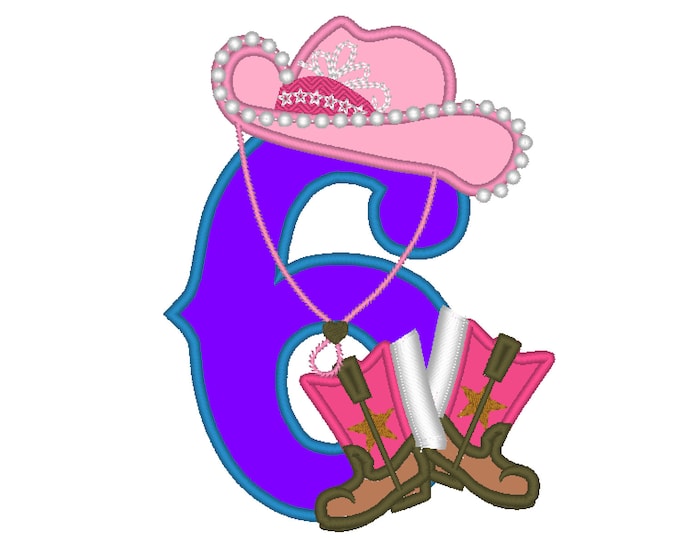 Girly Cowboy Birthday number SIX only number  6 - machine embroidery applique designs 5x7 INSTANT DOWNLOAD