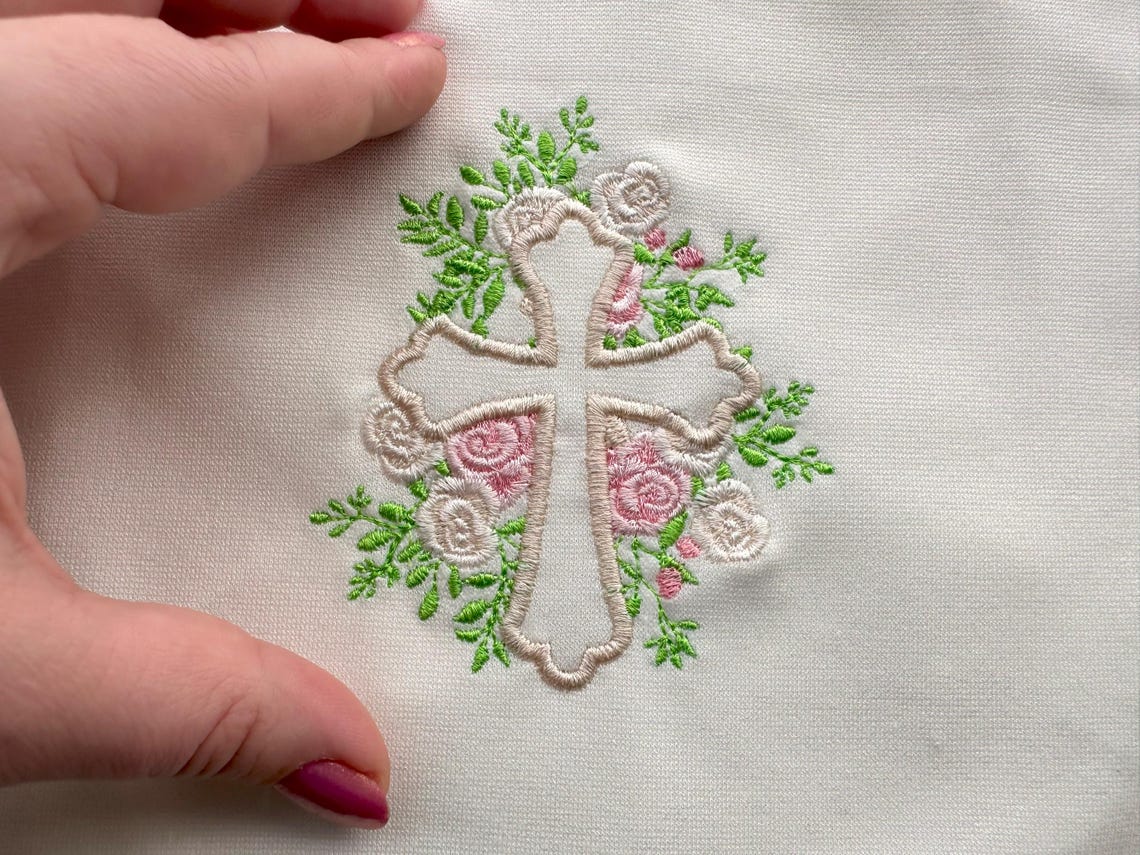 Hand Size Cross Floral Cross Applique Rose Bouquet Garden Flower Machine Embroidery ...