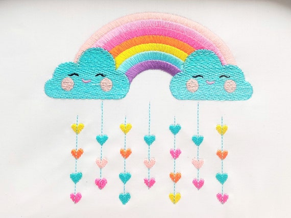 Cute Rainbow with pretty clouds and rainy falling hearts machine embroidery designs assorted sizes for children kids INSTANT DOWNLOAD