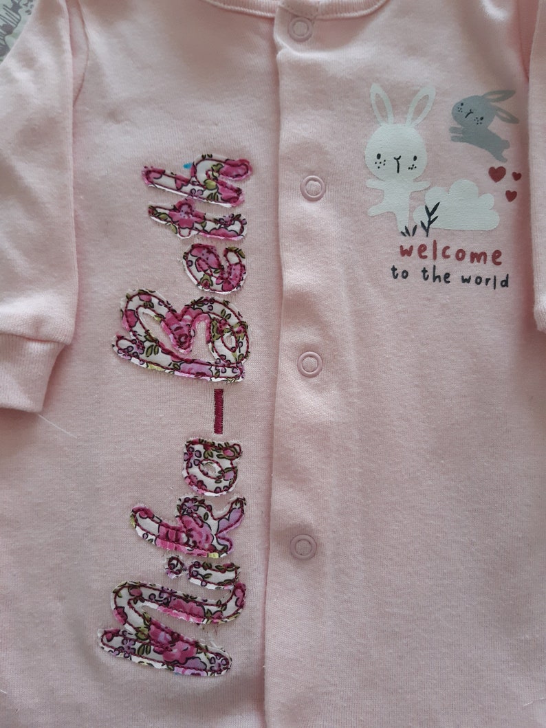May include: A light pink baby onesie with the name "Baby" embroidered in a floral pattern. The onesie features a graphic of a white bunny, a gray bunny, and the text "welcome to the world".