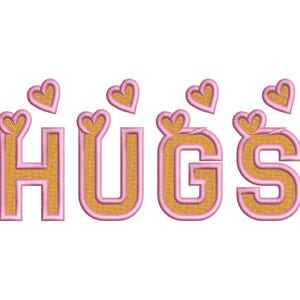 May include: A gold embroidered word "HUGS" with pink outlines and pink hearts scattered around the letters.