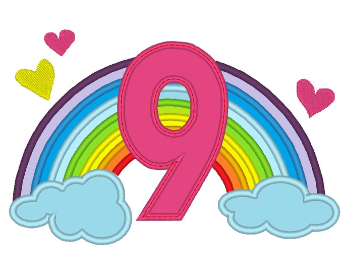 Cute Rainbow Birthday Number 9 NINE only machine embroidery applique designs, sizes 5, 6and 7 inches INSTANT DOWNLOAD