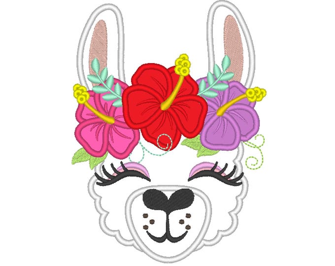 Llama Alpaca head with summer hibiscus flower floral crown animal Applique machine embroidery designs kids baby girls sizes 5 up to 9 inch