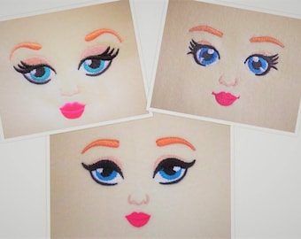 Doll face, doll eyes - 3 types - machine embroidery designs for hoop 4x4 assorted sizes, doll making helper pretty doll face eyes brows lips