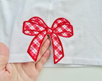Gingham Plaid Side seam Bow Applique machine embroidery designs Sweatshirt trendy Christmas decoration split seam sizes from 4 up to 5.5inch