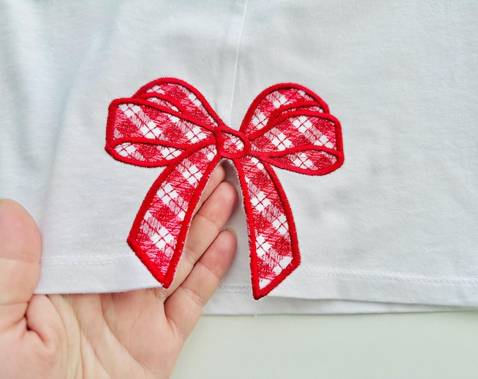 Gingham Plaid Side seam Bow Applique machine embroidery designs Sweatshirt trendy Christmas decoration split seam sizes from 4 up to 5.5inch
