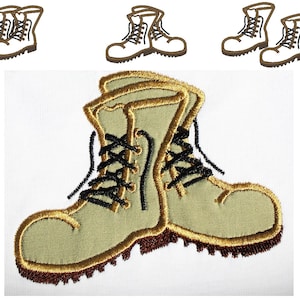 May include: A pair of brown leather boots with black laces. The boots have a gold outline and are on a white background.