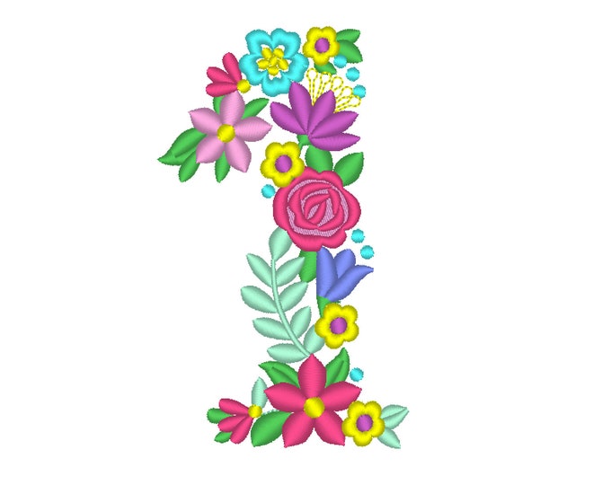 Floral letter Birthday number ONE flowers liberty fashioned flowers Font machine embroidery design number 1 only 4, 5, 6, 7, 8 in