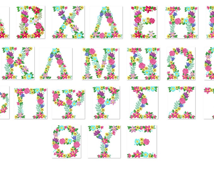Fraternities & sororities Floral Greek font whole entire alphabet liberty fashioned flowers machine embroidery designs sizes 3.5 4 5 6 7in
