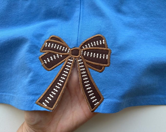 Football stitch Bow Applique side bow machine embroidery designs wide ribbon Sports Girly Bow   sweatshirt seam decoration split shirt
