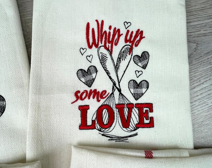 Whip up some love, kitchen towel embroidery, gingham buffalo plaid tartan machine embroidery designs valentine love sayings quotes hearts