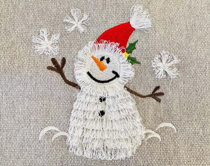 Fringed Fluffy Snowman machine embroidery designs Fringe in the hoop fur chenille Christmas Santa helper kids outfit sweatshirt embroidery
