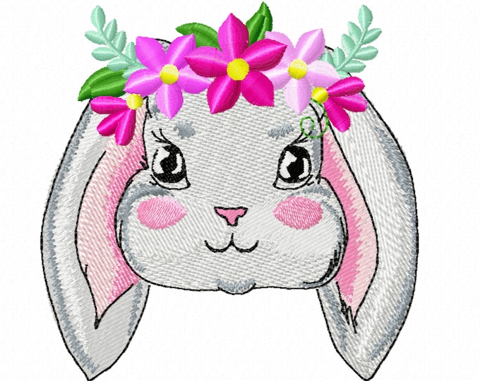 Floral crown Bunny head with flowers, cute Easter Bunny flower girl kids baby machine embroidery designs in assorted sizes fill stitch