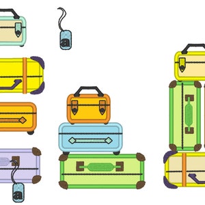 May include: A set of six vintage-style suitcases in various colors, including yellow, orange, green, blue, and purple. Some suitcases have luggage tags attached.