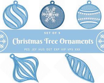 Christmas Tree Ornaments FSL free standing lace SET of 5 lace decoration machine embroidery designs assorted sizes classic shape snowflake
