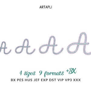 Puede incluir: Fondo blanco con la palabra "ARTAPLI" en la parte superior. Cuatro dise&ntilde;os de la letra "A" en cursiva de diferentes tama&ntilde;os, cada uno adornado con un patr&oacute;n azul y rosa. El texto debajo indica "4 tama&ntilde;os 9 formatos +BX".