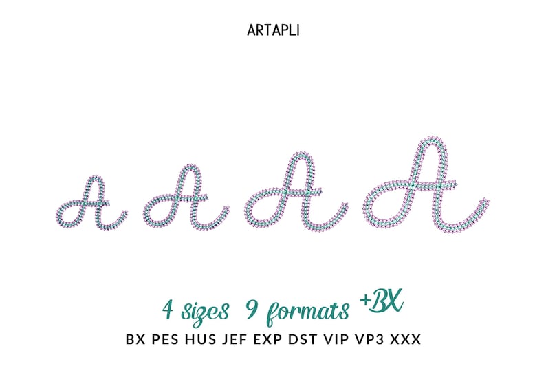 Puede incluir: Fondo blanco con la palabra "ARTAPLI" en la parte superior. Cuatro dise&ntilde;os de la letra "A" en cursiva de diferentes tama&ntilde;os, cada uno adornado con un patr&oacute;n azul y rosa. El texto debajo indica "4 tama&ntilde;os 9 formatos +BX".