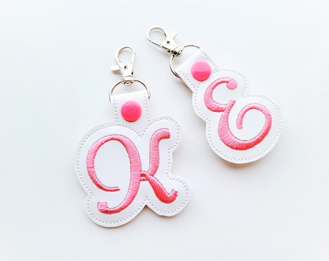 Key fob snap tab Monogram script initial letters from A up to Z in the hoop ITH keyfob bag tag keychain machine embroidery designs hoop 4x4