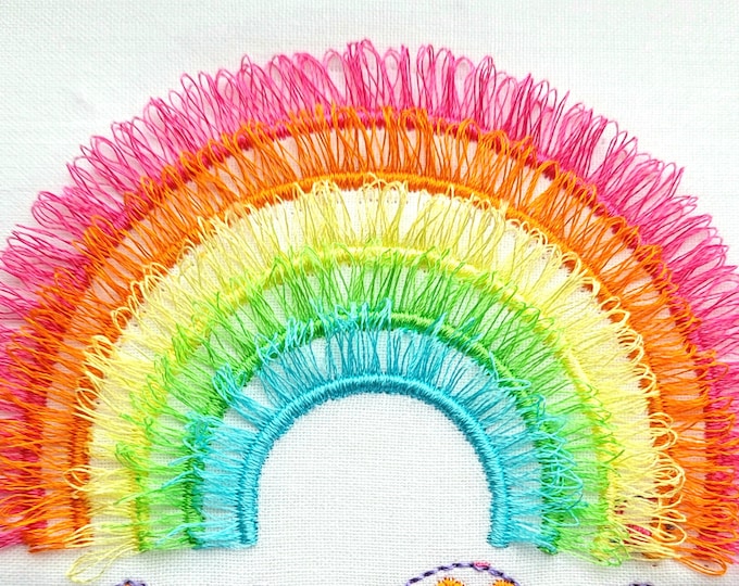 Fringed Rainbow, awesome fluffy Rainbow, fringe in the hoop ITH machine embroidery designs for hoop 4x4, 5x7 kids baby playful funny design